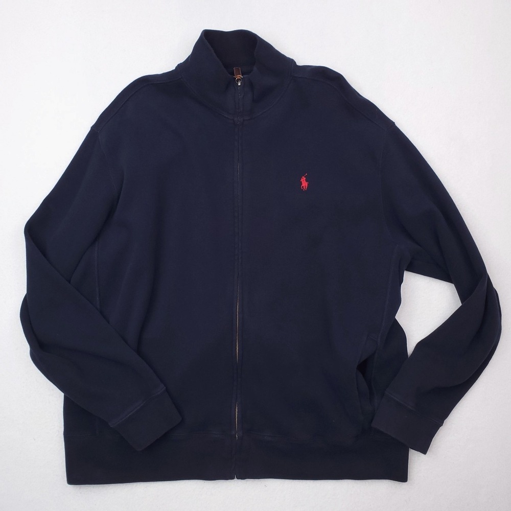 Vintage Polo Ralph Lauren Sweater Jacket Men XL Navy Full Zip Mock Red Pony Logo